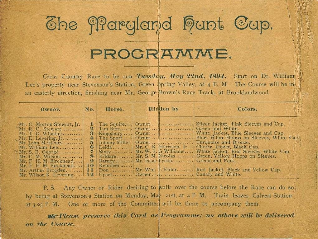 "Program of the first Maryland Hunt Cup, won by Johnny Miller owned and ridden by John McHenry.