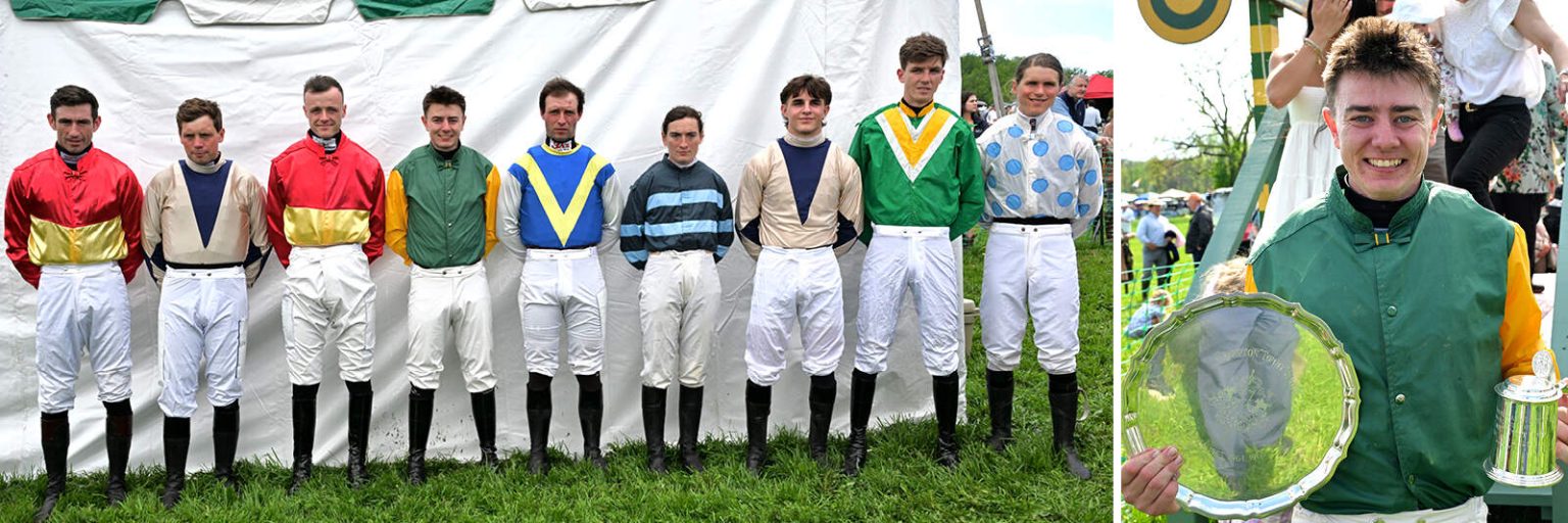 Jockeys lined up in front of tent, and a jockey holding a silver plate