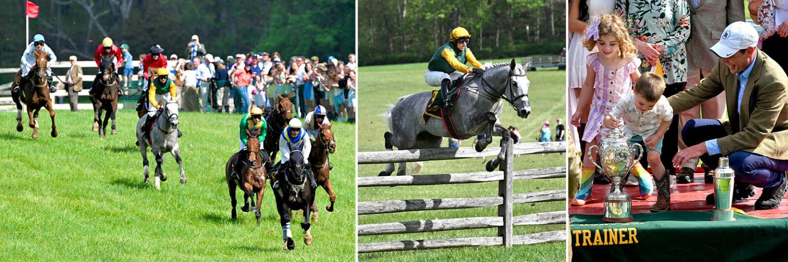 galloping horses, a jumping horse, and a child touching a trophy